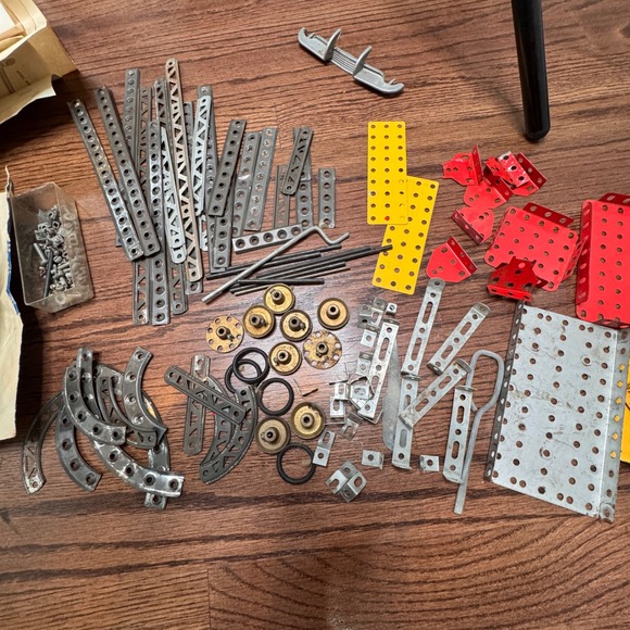 Vintage Gilbert Erector Set Parts Lot Metal Construction Toy Pieces Instructions - Picture 1 of 11